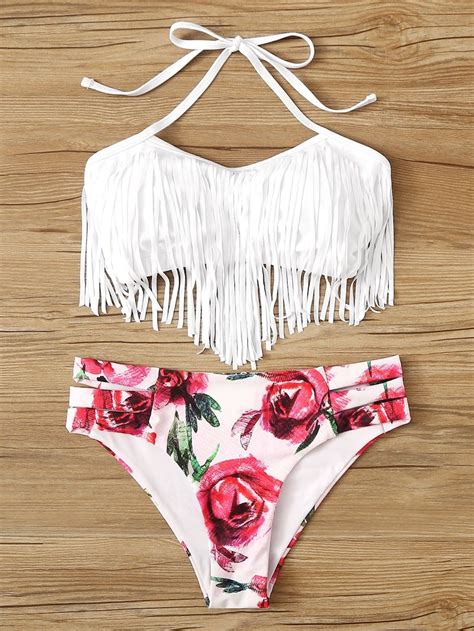 Fringe Halter Top With Random Floral Bikini Set Set Fashion