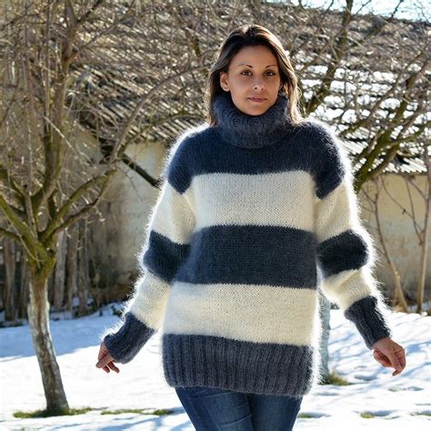 Hand Knit Mohair Sweater Striped White And Dark Grey Fuzzy