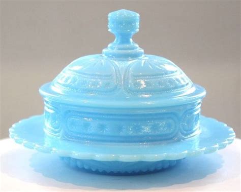 Blue Milk Glass Beaded Star Fan Butter Dish Milk Glass Blue Milk Carnival Glass Bowls