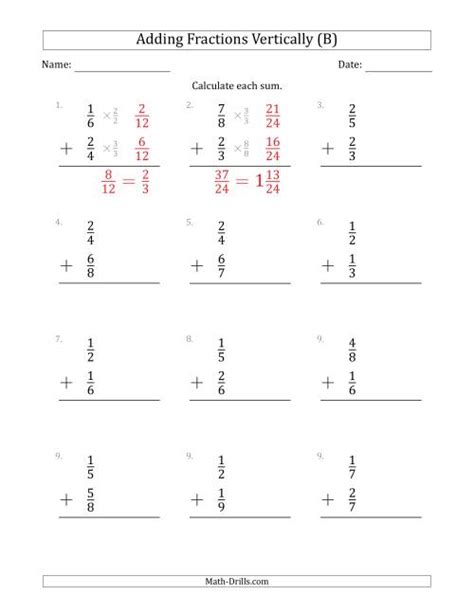 Adding Whole Numbers And Fractions Vertical Worksheets