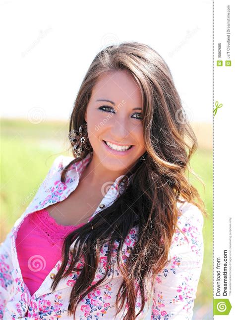 Outdoor Portrait Young Smiling Teen Girl Pink Top Stock