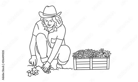 Line Drawing Of Woman Works In The Garden Gardening Or Planting