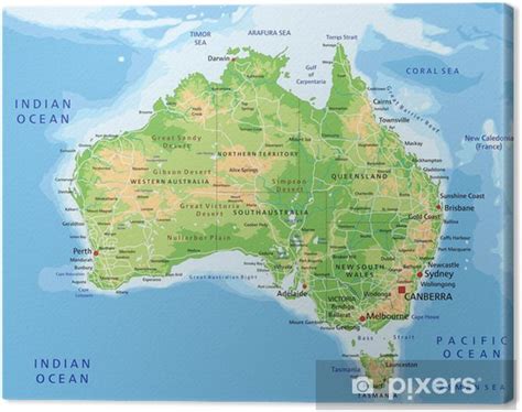 High Detailed Australia Physical Map With Labeling Canvas Print