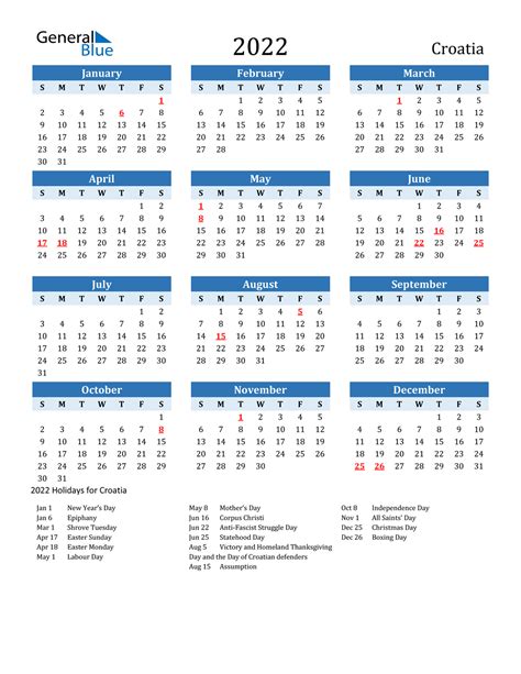 2022 Croatia Calendar With Holidays