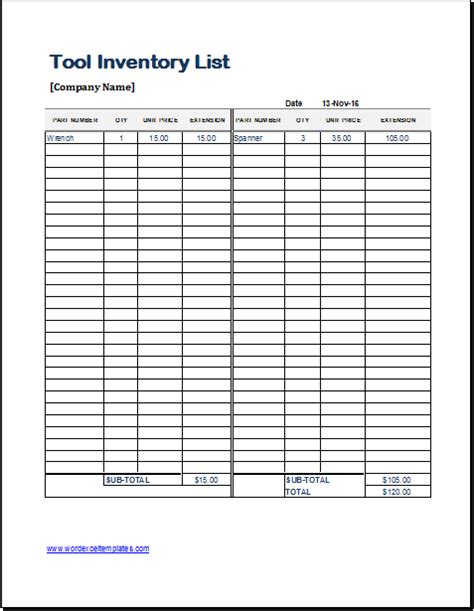 Tool Inventory Sheet Template For EXCEL Word Excel Templates