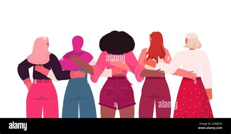 Mix Race Girls Standing Together Female Empowerment Movement Women Power Concept Portrait Rear