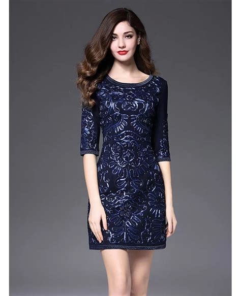 Short Fitted Wedding Guest Dress Navy Blue With Sleeves Luxury