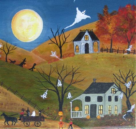 Halloween Folk Art Halloween Painting Autumn Decor Ghosts Etsy
