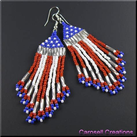 Us American Flag Beadwork Dangle Fringe Seed Bead Earrings Etsy