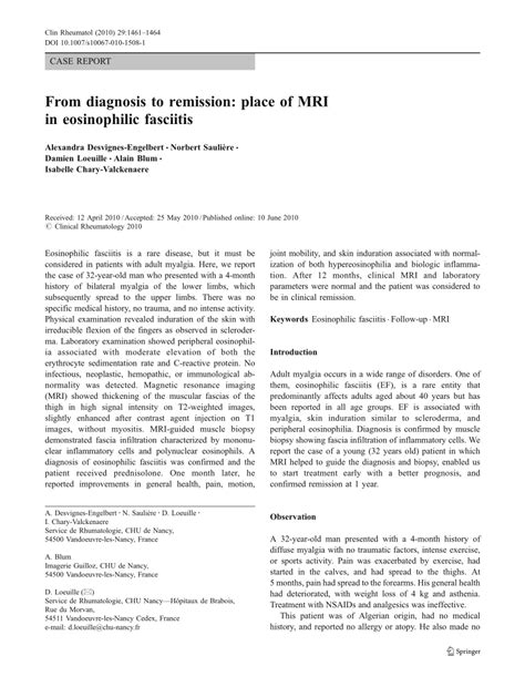Pdf From Diagnosis To Remission Place Of Mri In Eosinophilic Fasciitis