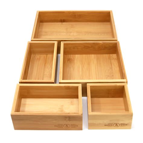 5 Piece Bamboo Drawer Organiser Durable Storage Box Set Assorted