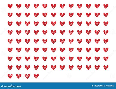 Printable Numbers From 1 To 100 In Red Hearts A4 Paper Format