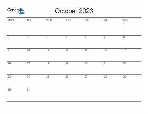 Printable October 2023 Monthly Calendar Monday Start