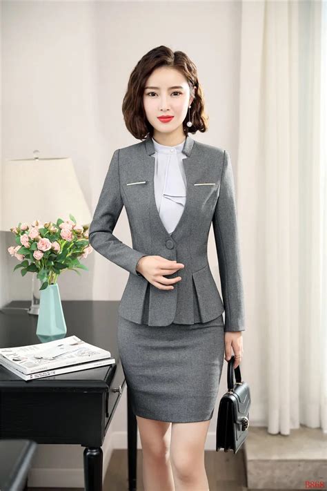 Novelty Gray Formal Women Business Suits With Skirt And Tops 2019