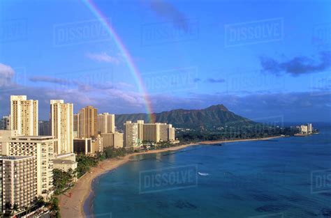 Hawaii Oahu Diamond Head Waikiki Beach With Rainbow And
