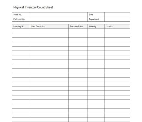 Inventory Count Sheet Physical Inventory Count Sheet