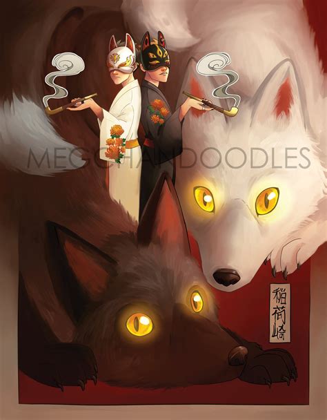 Twin Japanese Fox Gods Anime Art Print 85 X 11 Etsy