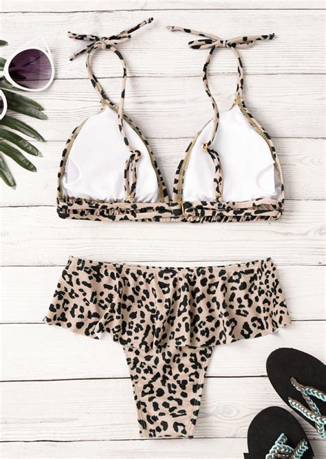 Leopard Hollow Out Tie Layered Bikini Set Komily