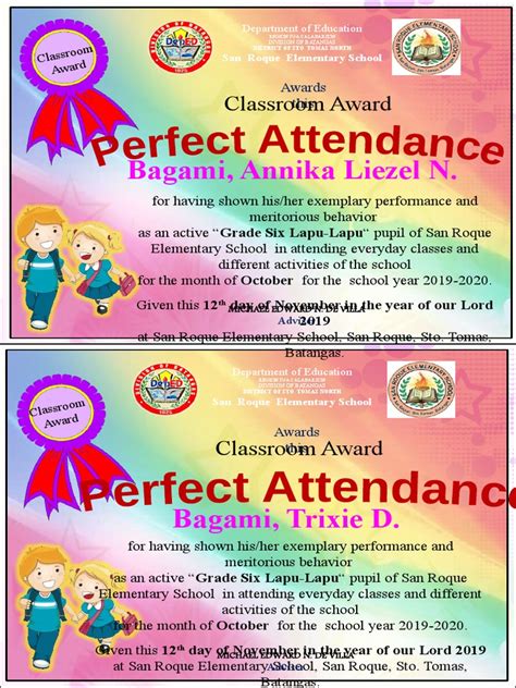 Perfect Attendance Certificate Pdf Primary Education Schools