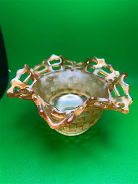 Vintage Fenton Marigold Carnival Glass Open Edge Basket Weave Bowl Ebay