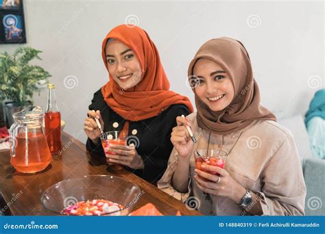 Two Hijab Woman Carrying Cocktail Drink Stock Image Image Of Home Friend 148840319