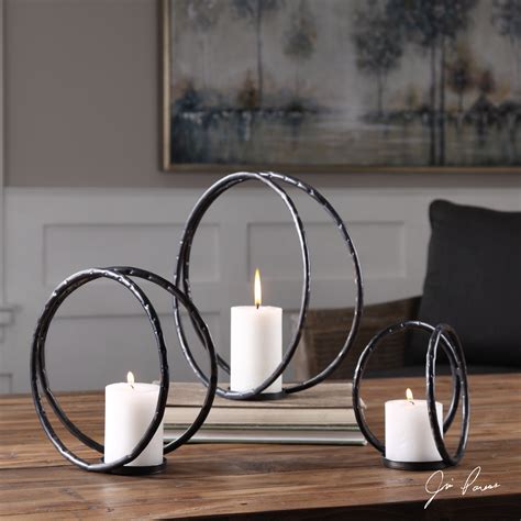 Aged Black Open Rings Metal Candle Holder Set 3 Contemporary Circles