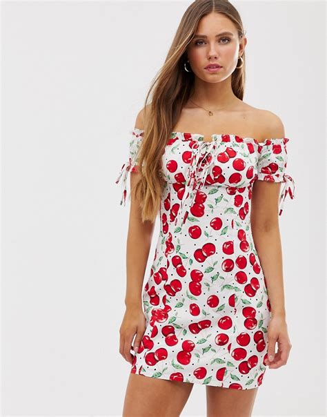 Glamorous Off Shoulder Ruched Bodycon Dress With Ties In Cherry Print White Modesens