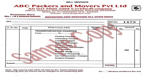 Movers Bill Invoice Sample 2 Invoice Sample House Shifting