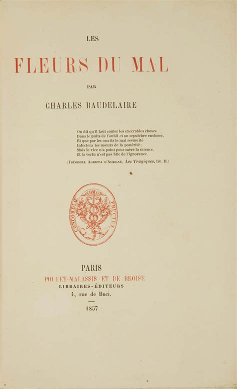 Baudelaire Charles 1821 1867 Les Fleurs Du Mal Paris Poulet Malassis Et De Broise 1857