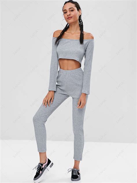 Ribbed Crop Top And Leggings Co Ord Set In Gray Zaful 2023