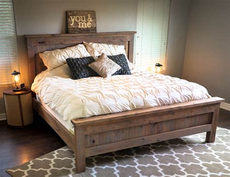 Our headboard tutorial makes it easy. Farmhouse King Bed - knotty alder and grey stain | Do It Yourself Home Projects from Ana White ...