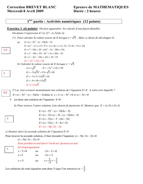 Correction Brevet Blanc Epreuve De Mathematiques