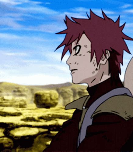 An Anime Character With Red Hair Standing In Front Of A Blue Sky And Some Rocks