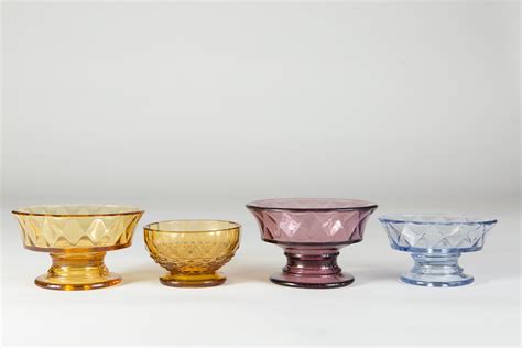 Vintage Glass Compotes Colored Glass Bowls Dessert Or Ice Cream Footed Diamond Pattern Bowls