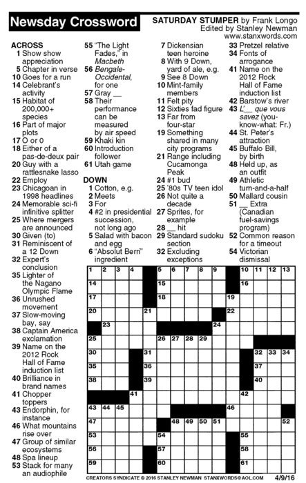 Newsday crossword puzzle for apr 09, 2016, by stanley newman
