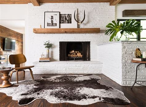 Painted Fireplace Faux Cowhide Rug Rustic Apartment Classic Rugs