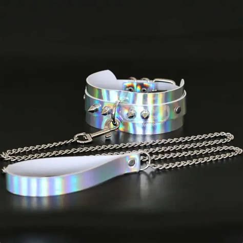 Sexy Rivet Metal Slave Holographic Laser Pu Leather Collar Traction Rope Bdsm Bondage Necklace