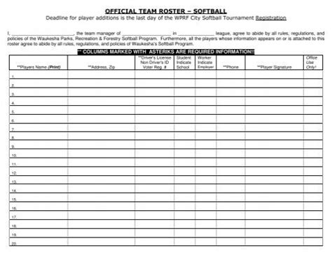 Official Team Roster Softball