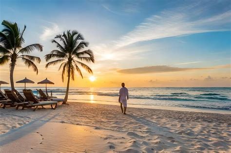 Premium AI Image A Man Stands On The Beach In Front Of A Palm Tree And The Sun Setting Behind Him