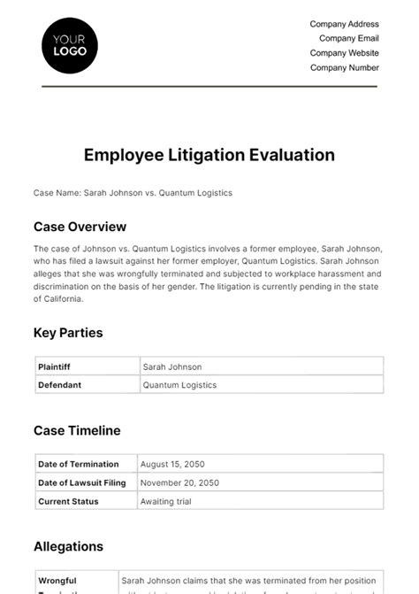 Employee Litigation Evaluation HR Template - Edit Online & Download
