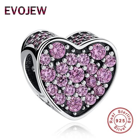 Evojew Dazzling Pink Crystal Heart Beads Fit Original Pandora Bracelet Authentic Sterling