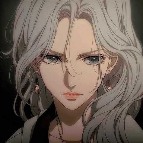 An Anime Character With Long White Hair And Blue Eyes Looking At The Camera While Wearing Earrings