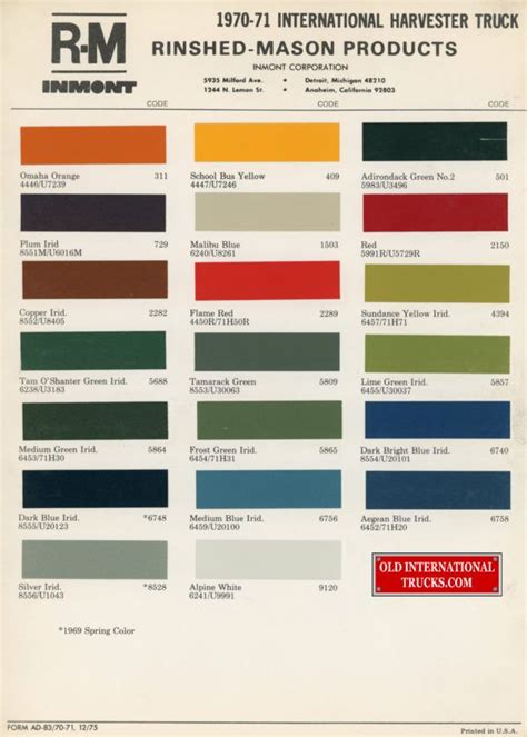 R M Inmont 1970 71 Color Chart Color Chart International Truck