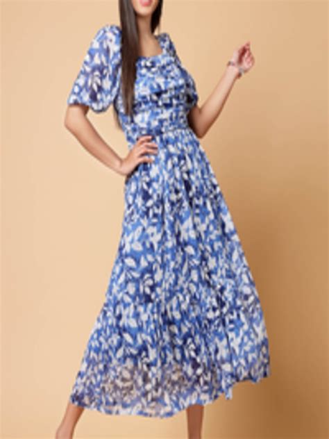 Buy Pluss Blue Floral Print Cold Shoulder Fit And Flare Midi Dress