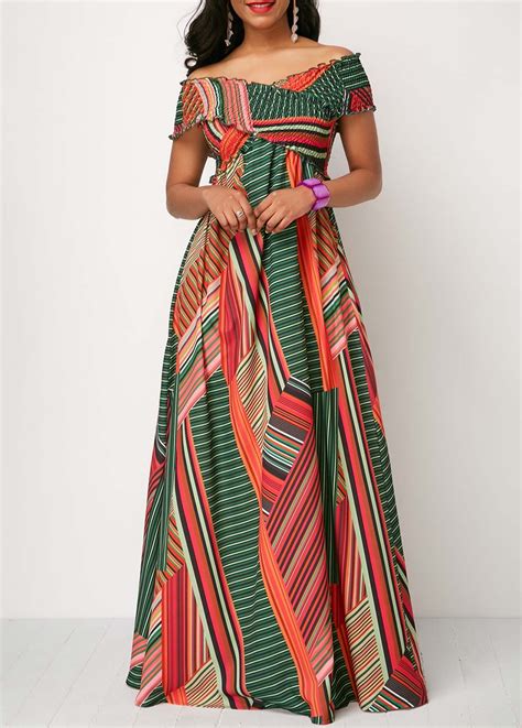 Off The Shoulder Shirred Detail Printed Maxi Dress Latest African Fashion Dresses Long