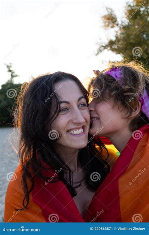 Beautiful Lesbian Couple Hugging Tenderly Stock Image Image Of Beach