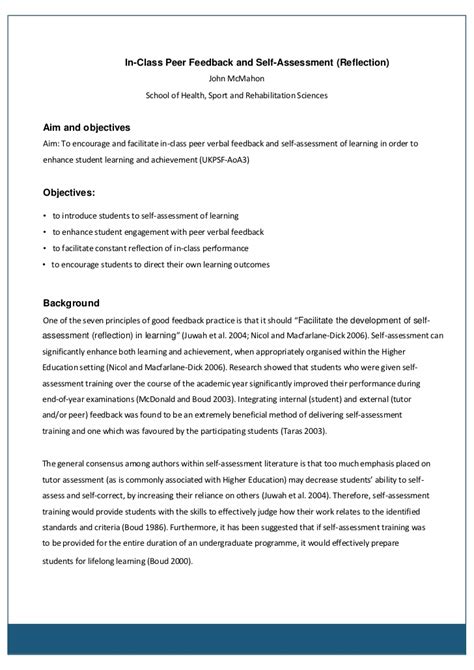 Reflection papers allow you to communicate with your instructor about how a specific article, lesson, lecture, or experience shapes your understanding as another example, if reflecting on a new social experience for a sociology class, you could relate that experience to specific ideas or social patterns. Self assessment and reflection paper. Essay samples for ...