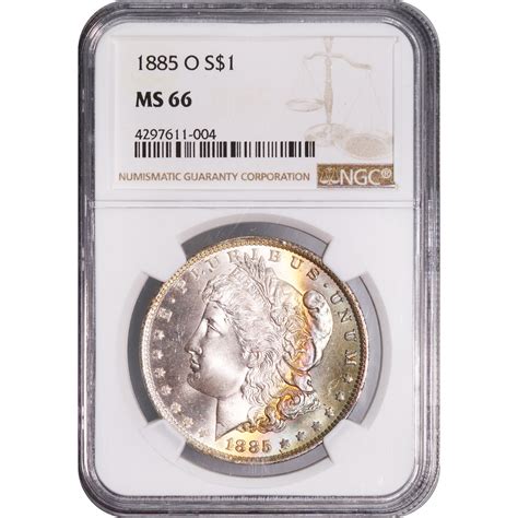 Certified Morgan Silver Dollar 1885 O Ms66 Ngc Rainbow Toned Obverse