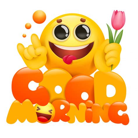 Good Morning Card With Emoji Yellow Cartoon Character Holding Tulip Flower Premium Vector