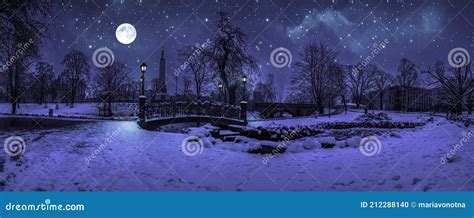 Magic Winter Night With Starry Sky And Full Moon In Snowy Park With